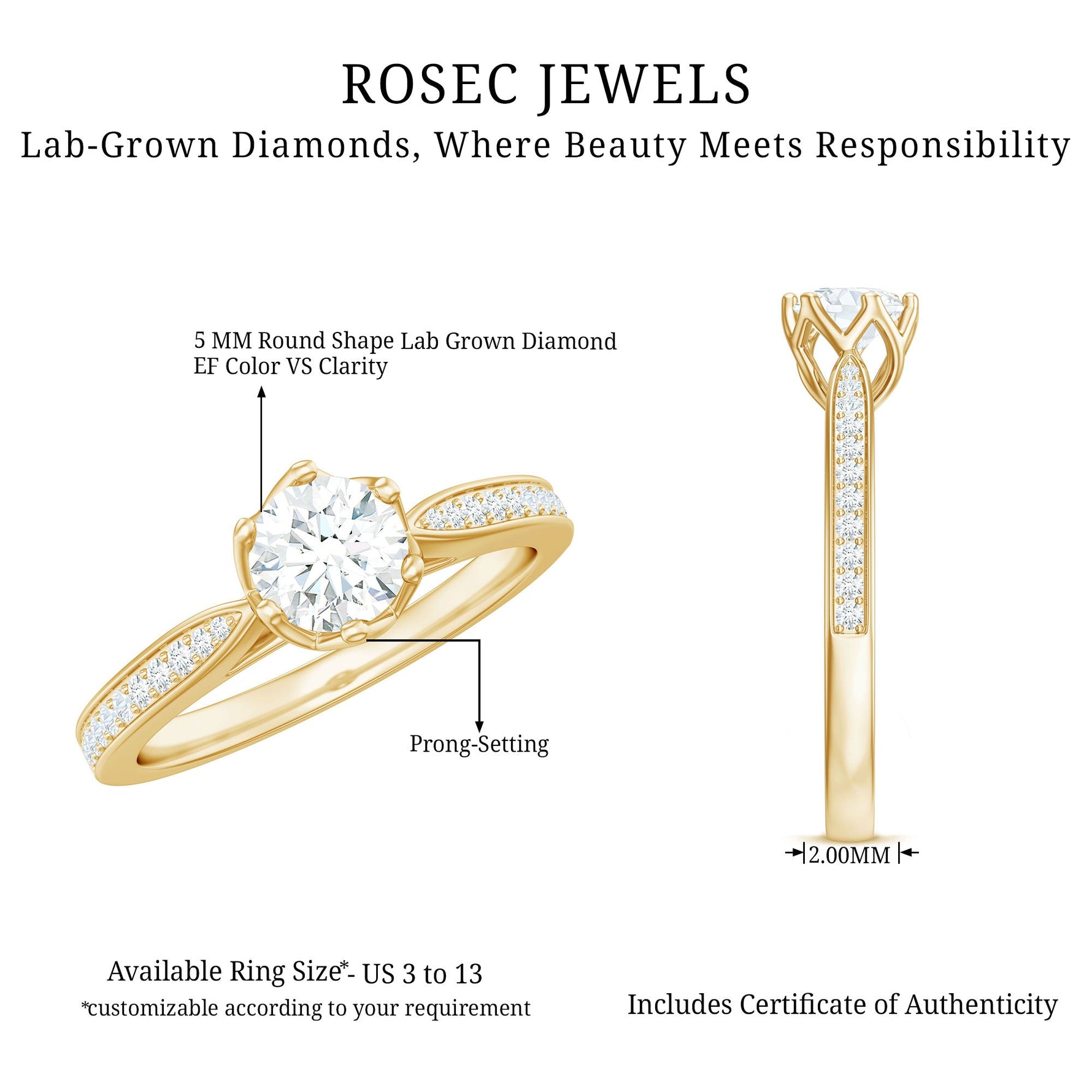 Lab Grown Diamond Solitaire Engagement Ring with Side Stones