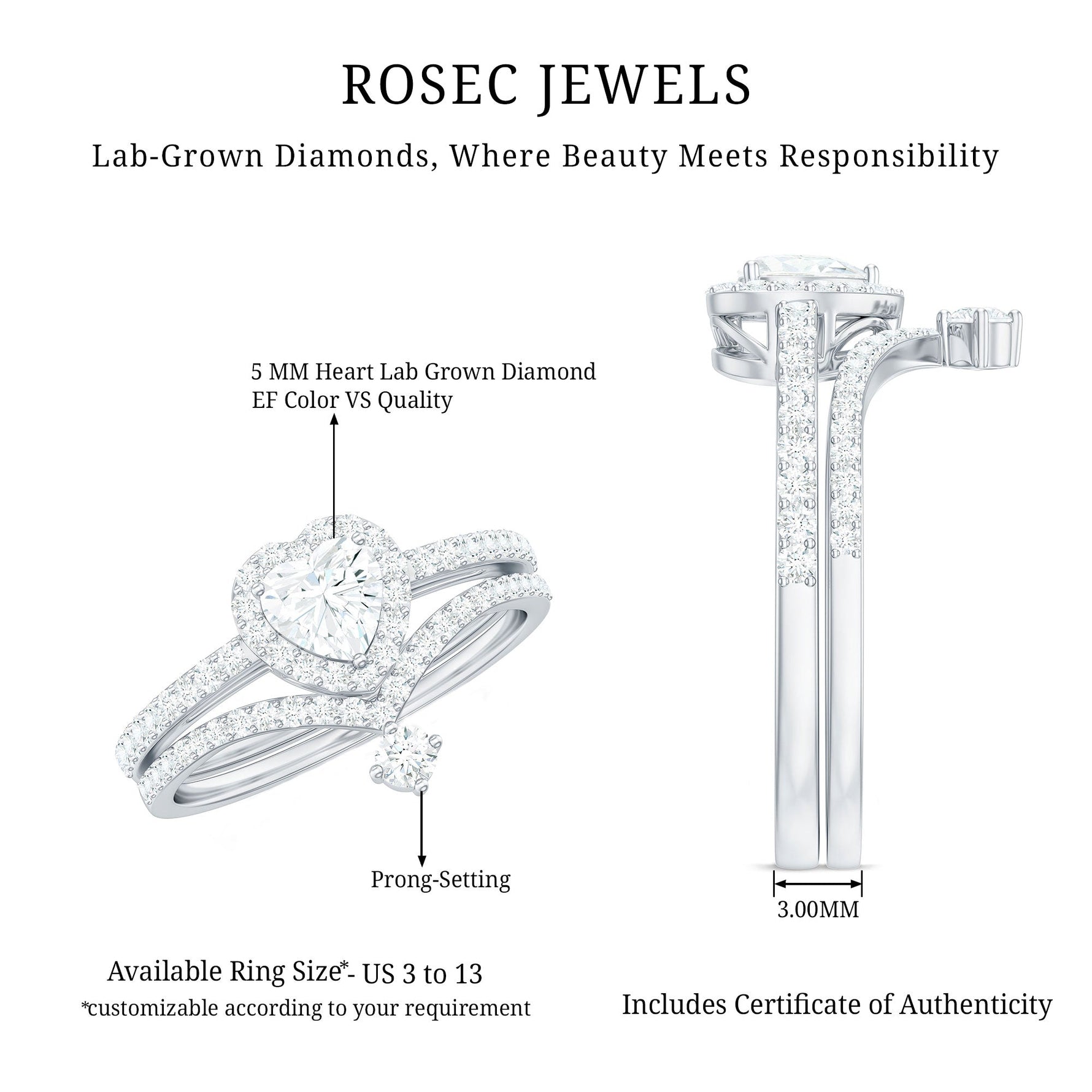 Certified 5 MM Lab Grown Diamond Heart Bridal Ring Set