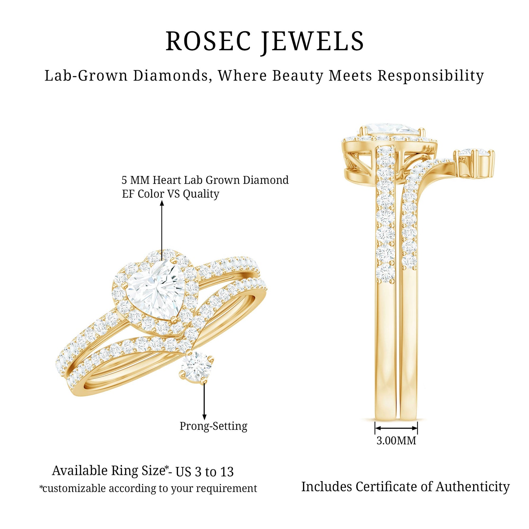 Certified 5 MM Lab Grown Diamond Heart Bridal Ring Set