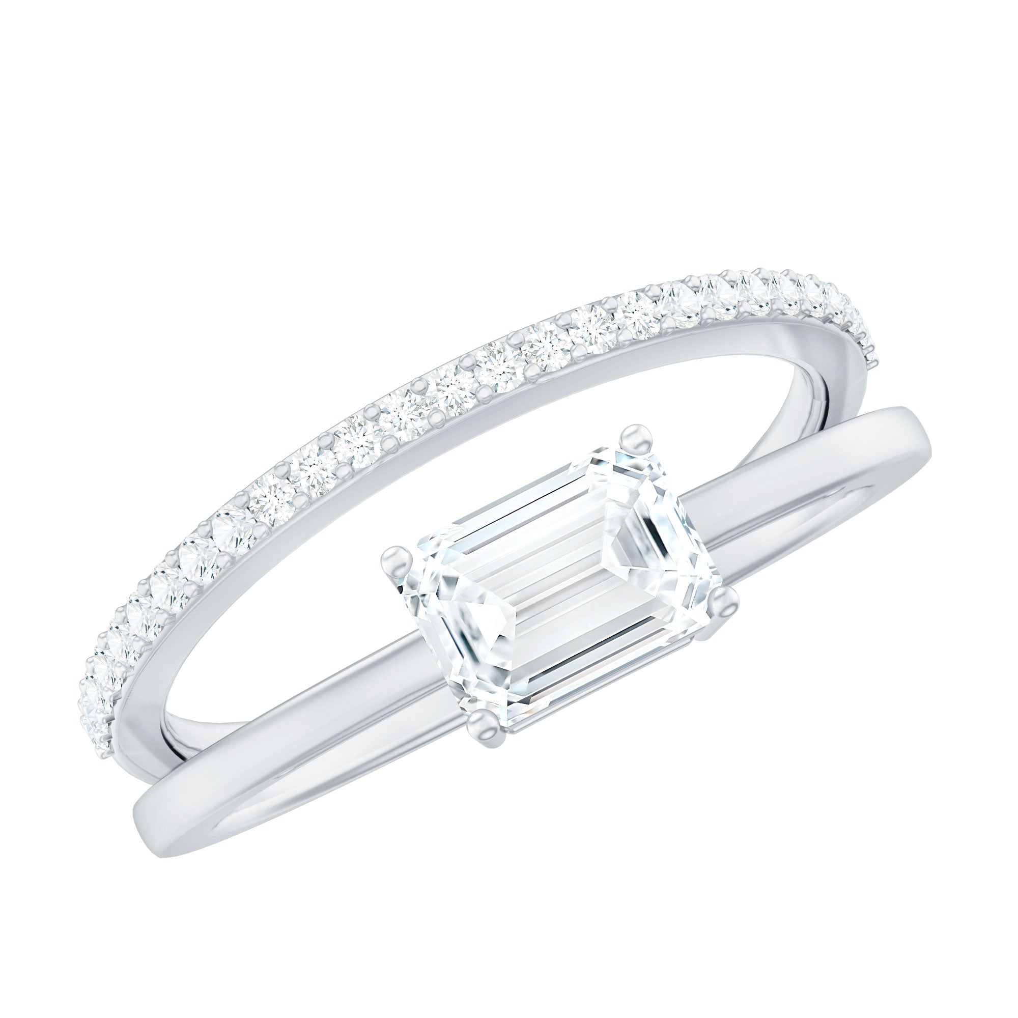 Lab Grown Diamond 6X8MM Emerald Cut Engagement Ring With Diamond Studded Shank