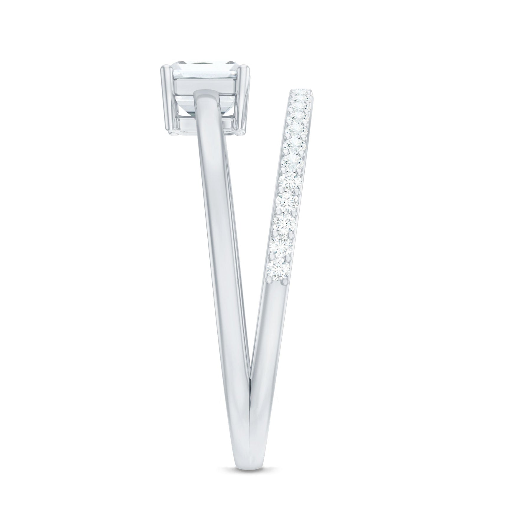 Lab Grown Diamond 6X8MM Emerald Cut Engagement Ring With Diamond Studded Shank