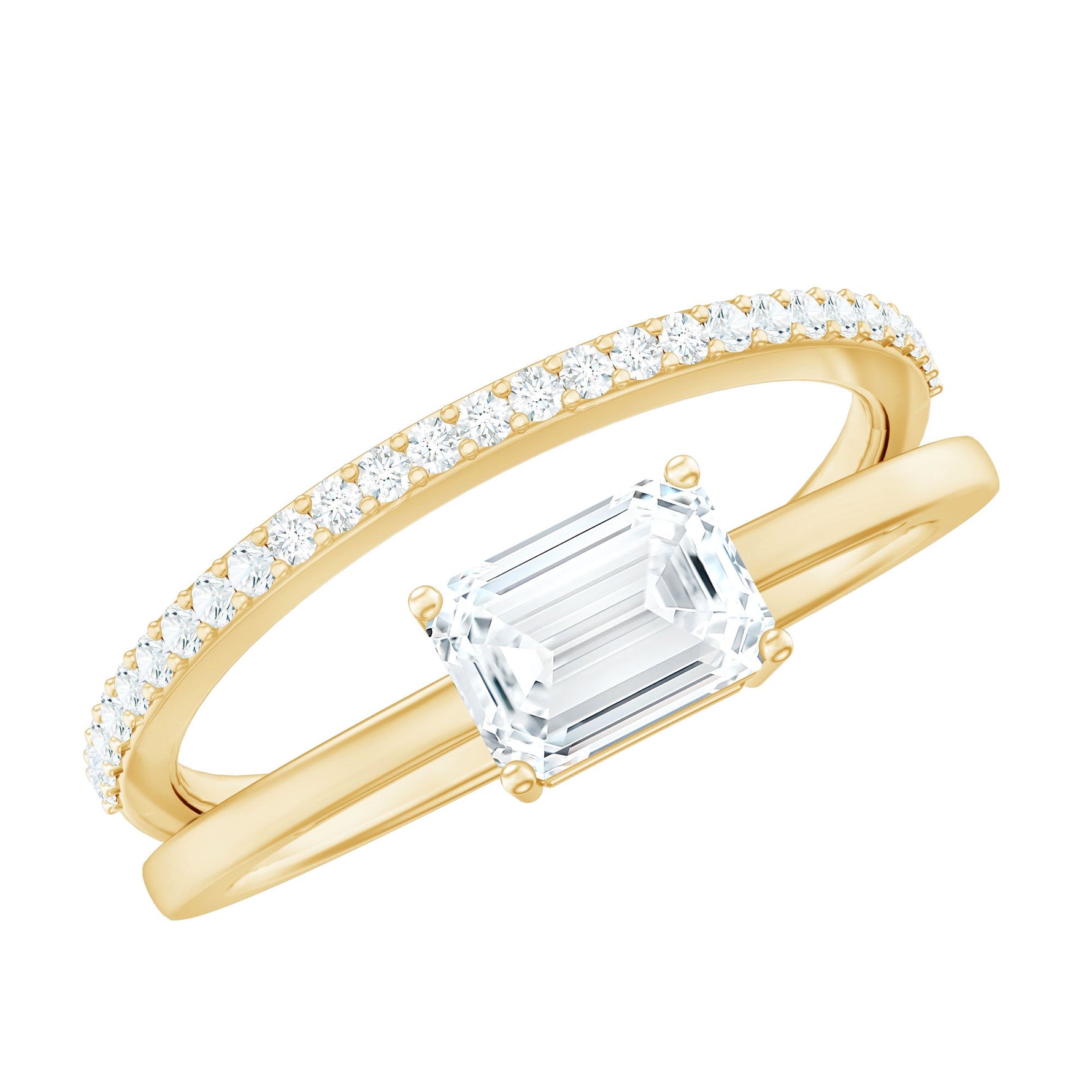 Lab Grown Diamond 6X8MM Emerald Cut Engagement Ring With Diamond Studded Shank