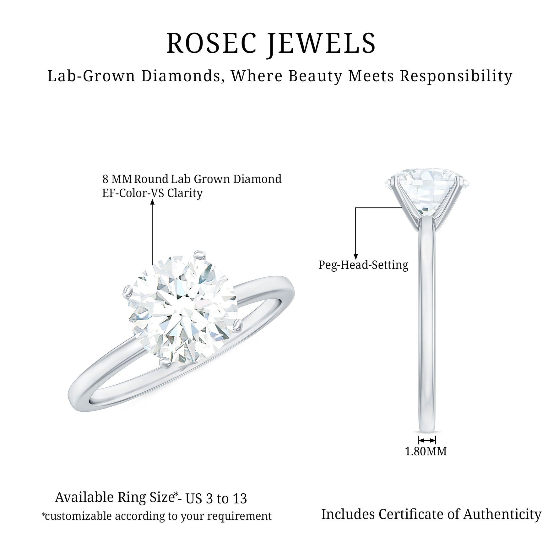 Certified 8 MM Round Lab Grown Diamond 4 Prong Engagement Ring