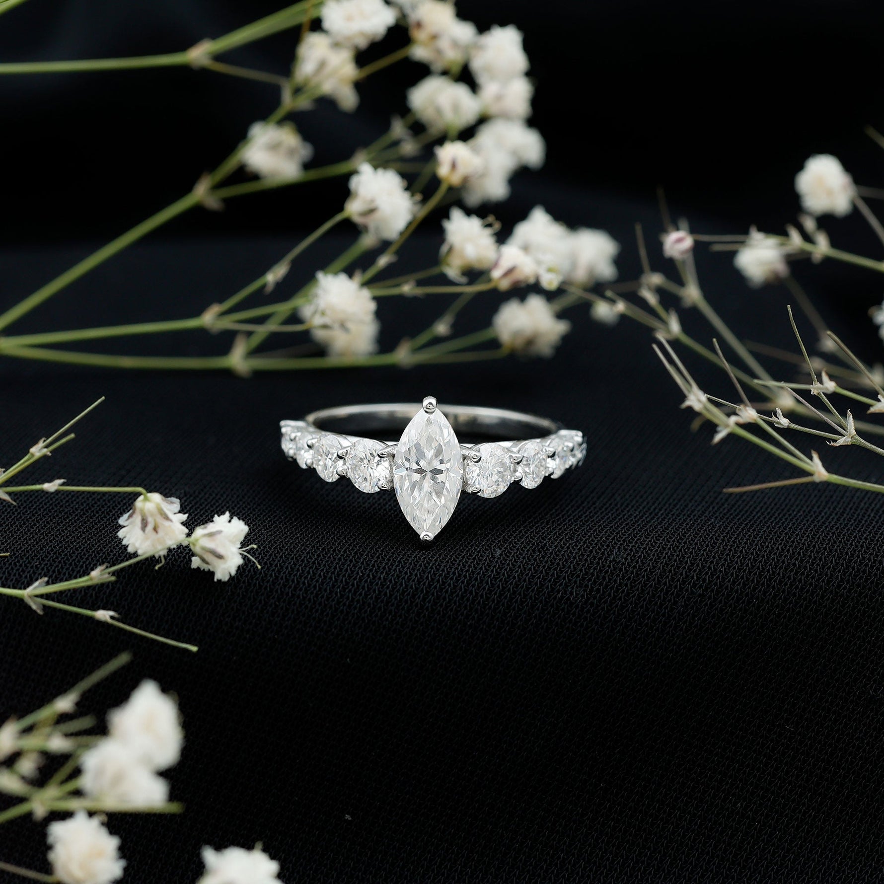 Lab Created Diamond Marquise Engagement Ring With Side Stones