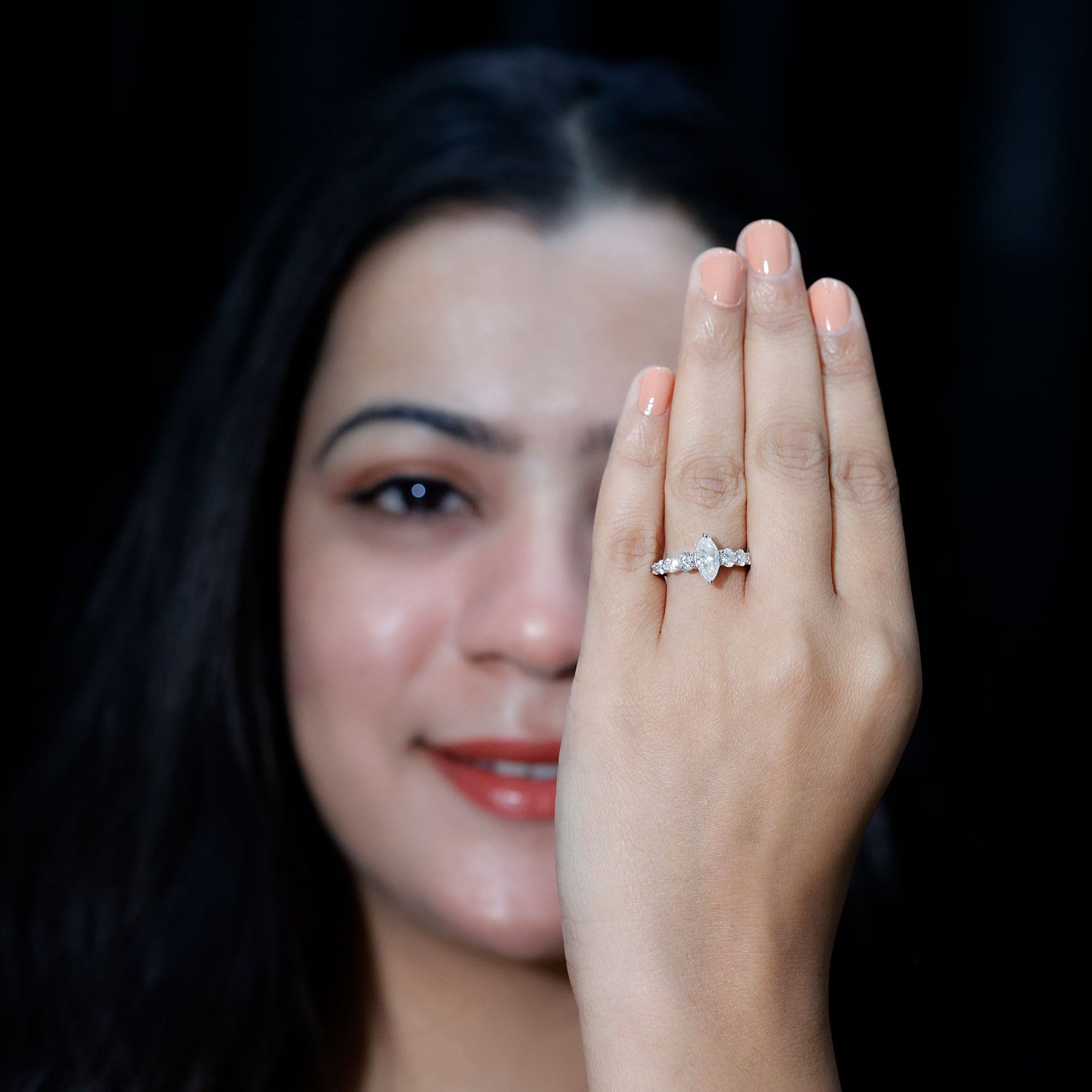 Lab Created Diamond Marquise Engagement Ring With Side Stones