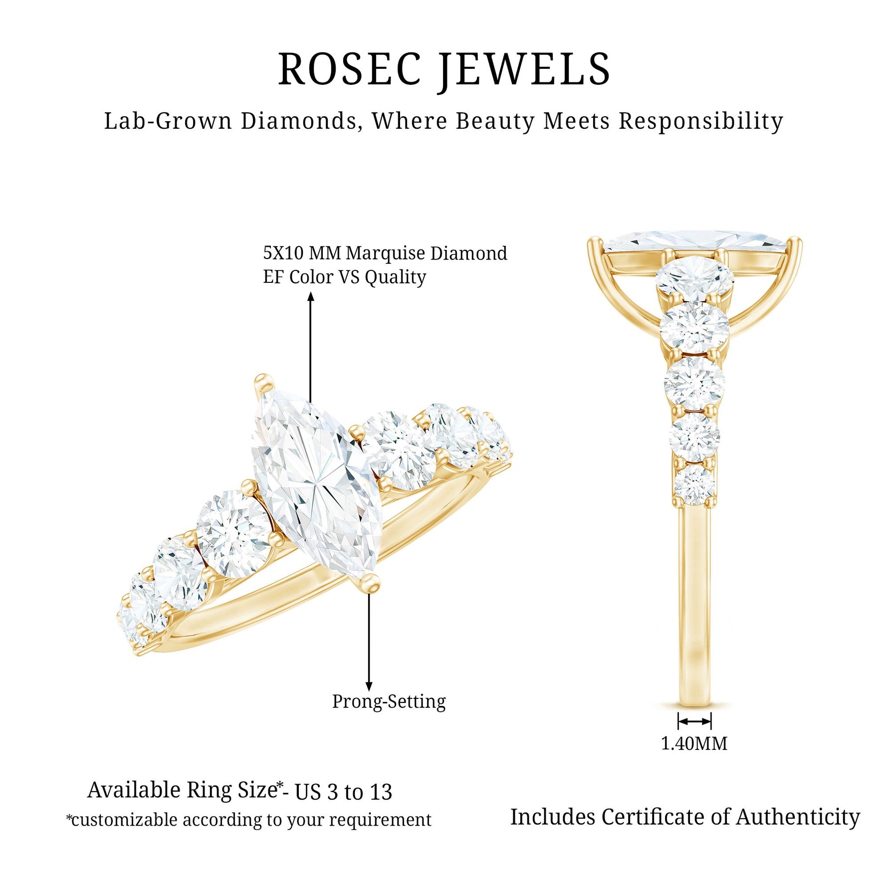 Lab Created Diamond Marquise Engagement Ring With Side Stones