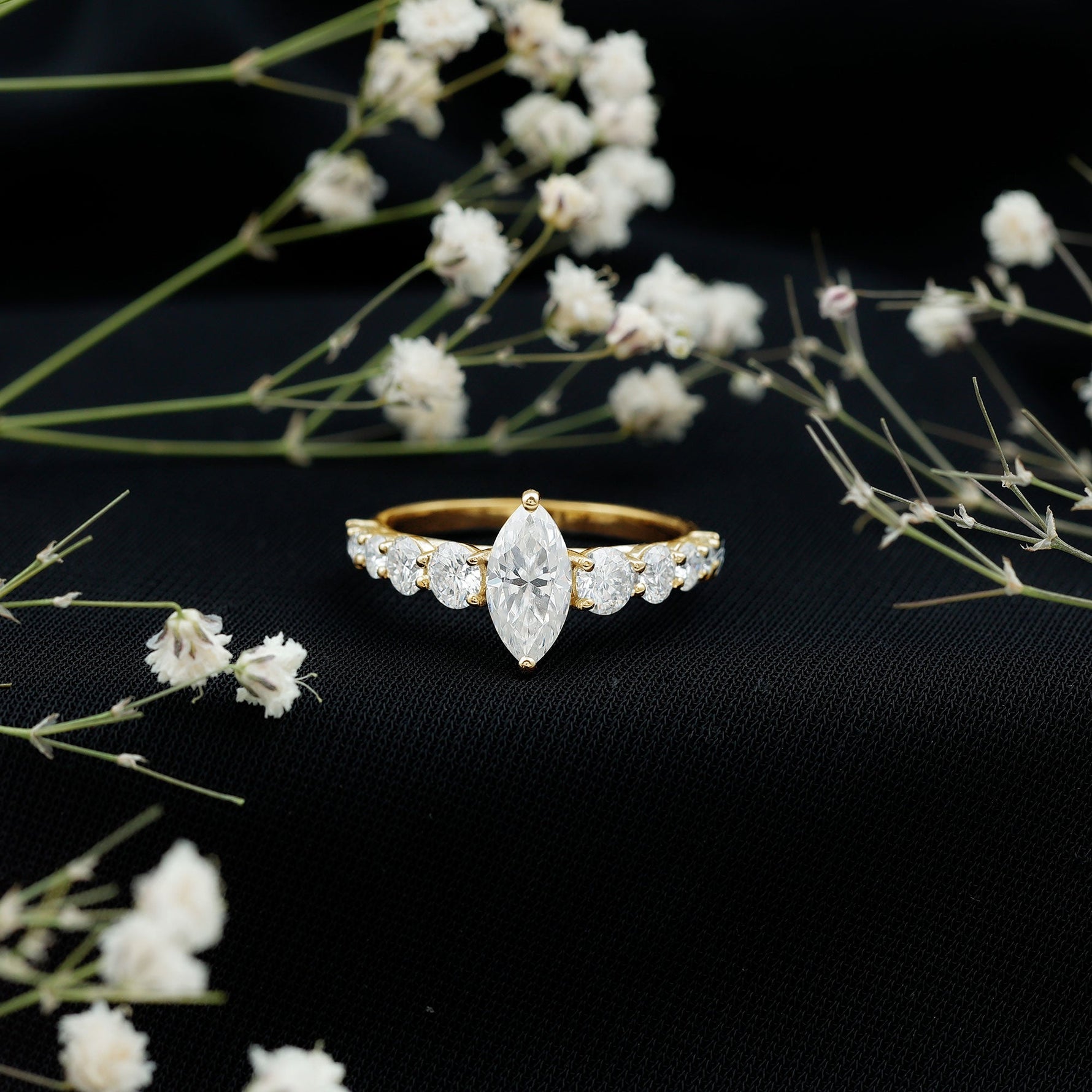 Lab Created Diamond Marquise Engagement Ring With Side Stones