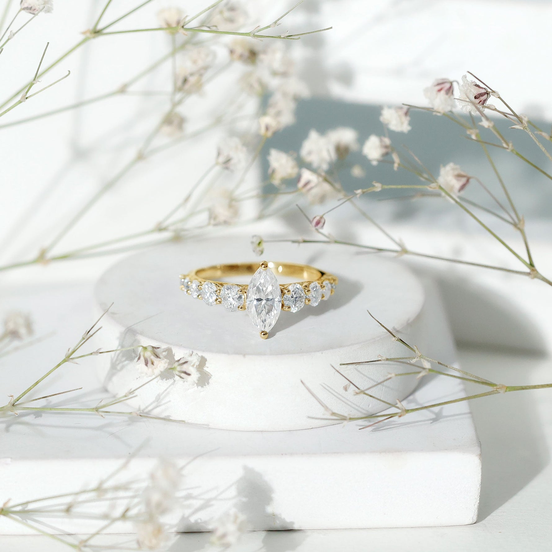 Lab Created Diamond Marquise Engagement Ring With Side Stones