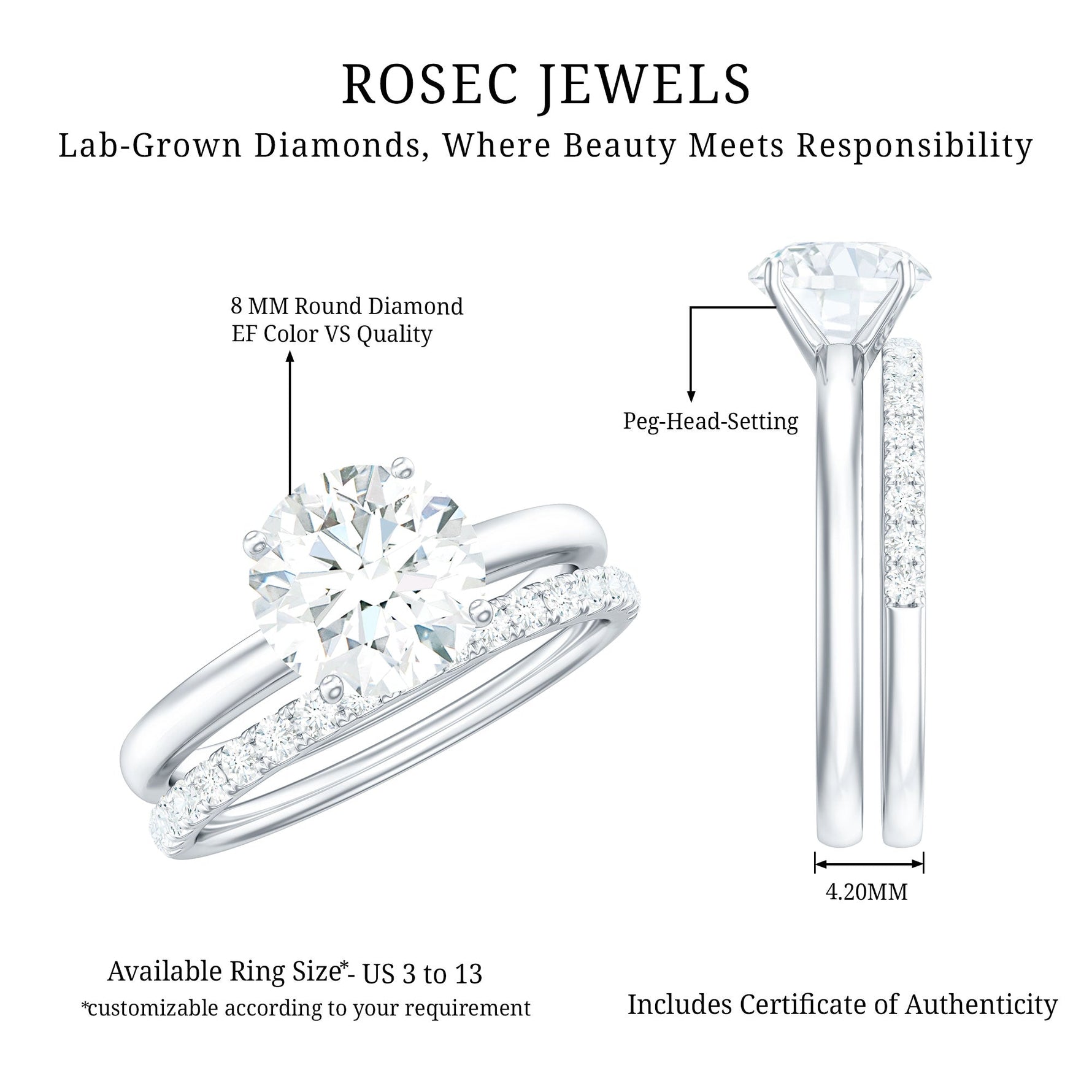 Certified 8 MM Lab Grown Diamond Solitaire Wedding Ring Set