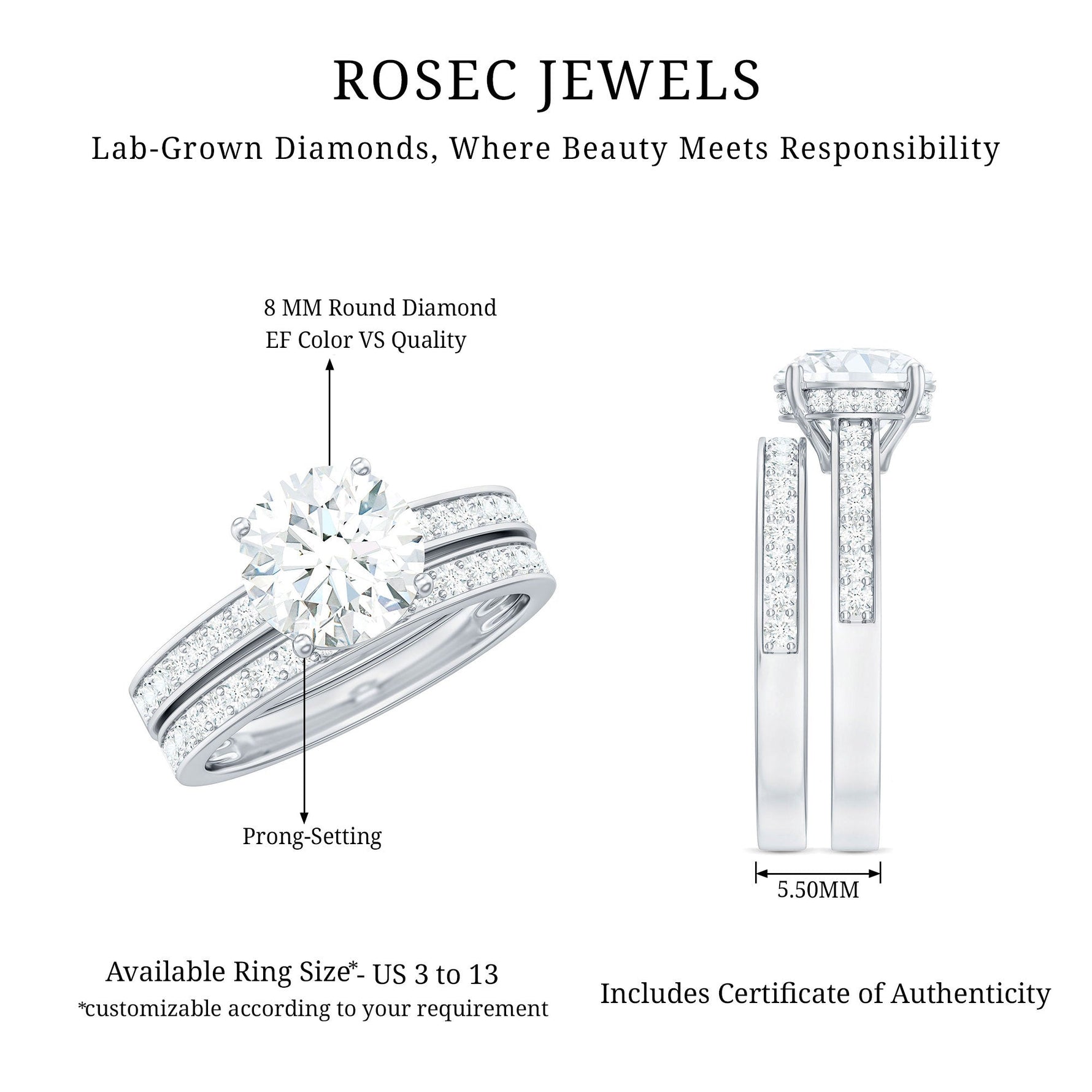 Certified 8 MM Lab Grown Diamond Engagement Ring With Wedding Band