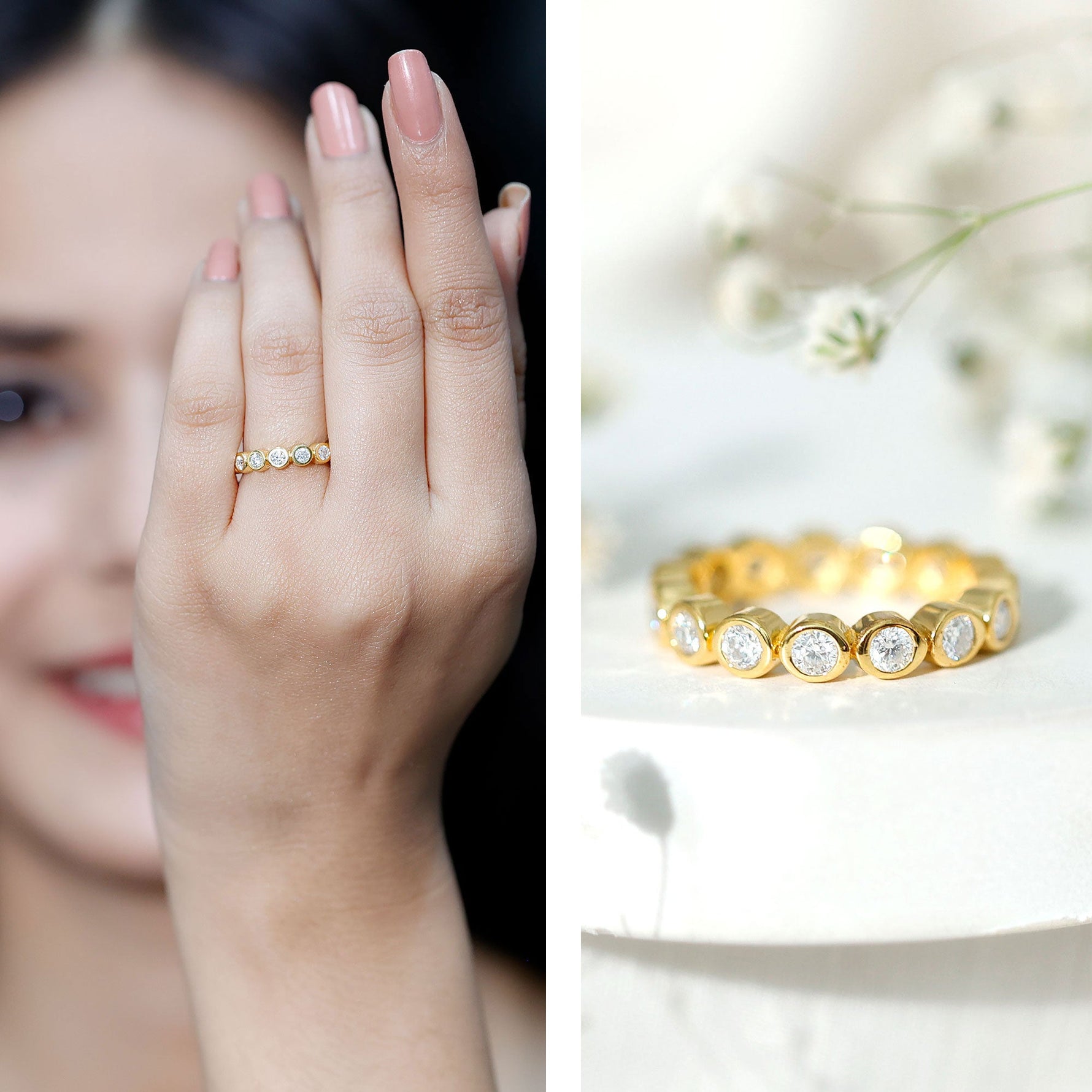 Bezel Set Moissanite Eternity Ring in Yellow Plated Silver