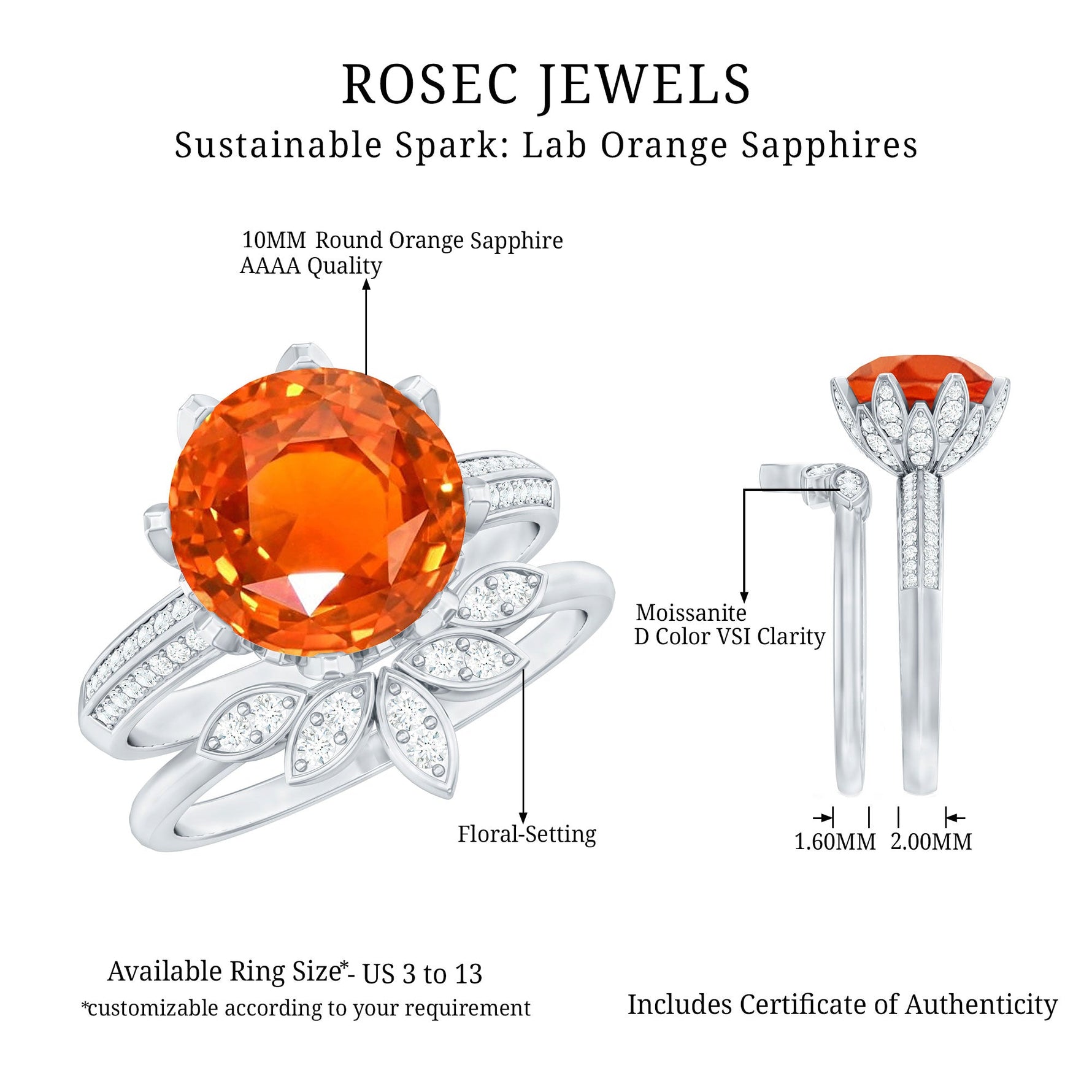 Flower Bridal Wedding Ring Set with Lab Grown Orange Sapphire and Moissanite