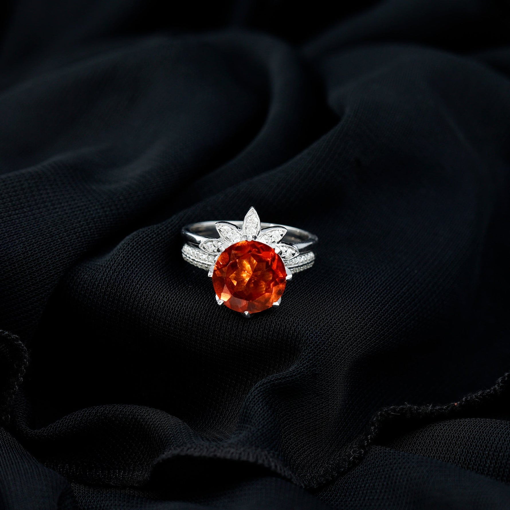 Flower Bridal Wedding Ring Set with Lab Grown Orange Sapphire and Moissanite
