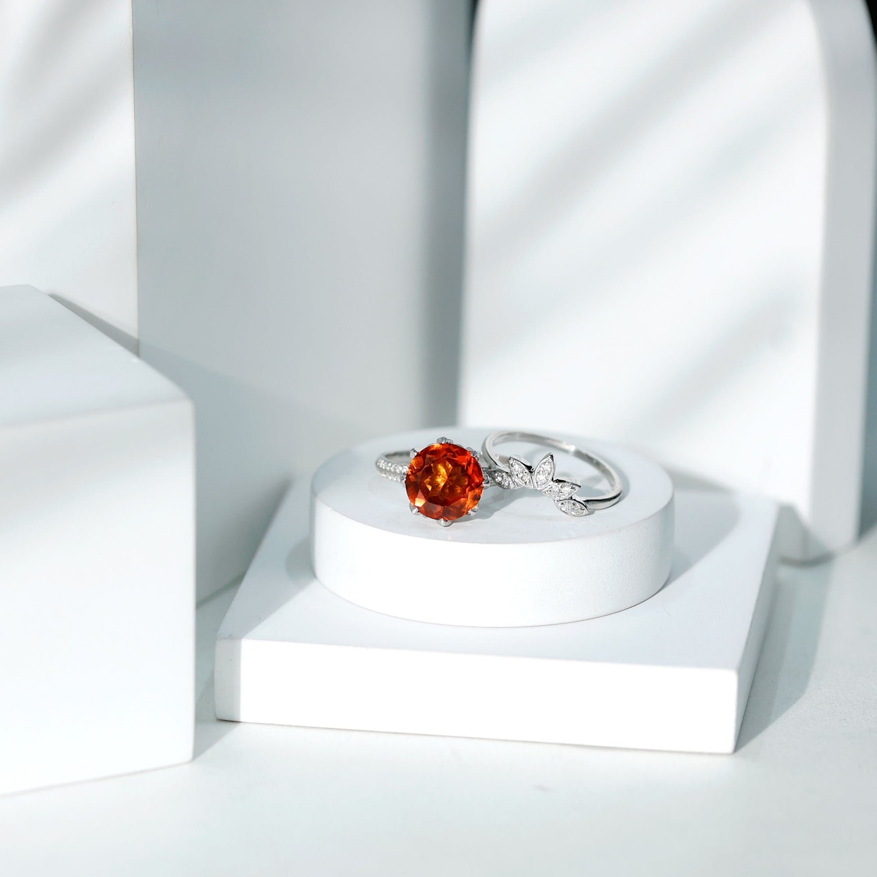 Flower Bridal Wedding Ring Set with Lab Grown Orange Sapphire and Moissanite