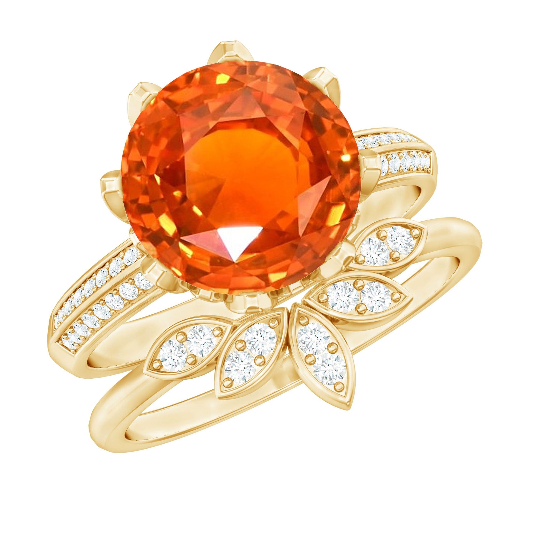 Flower Bridal Wedding Ring Set with Lab Grown Orange Sapphire and Moissanite