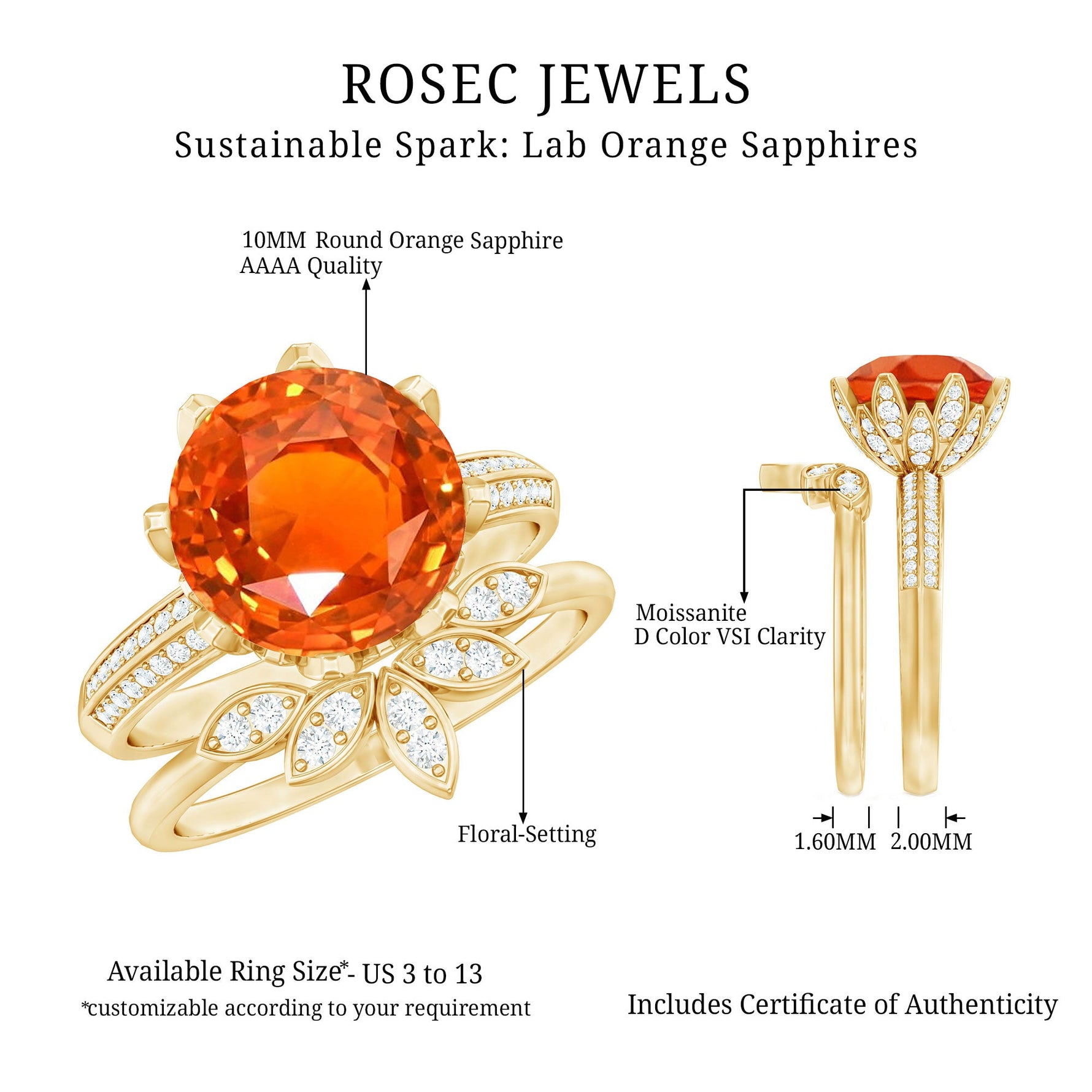 Flower Bridal Wedding Ring Set with Lab Grown Orange Sapphire and Moissanite