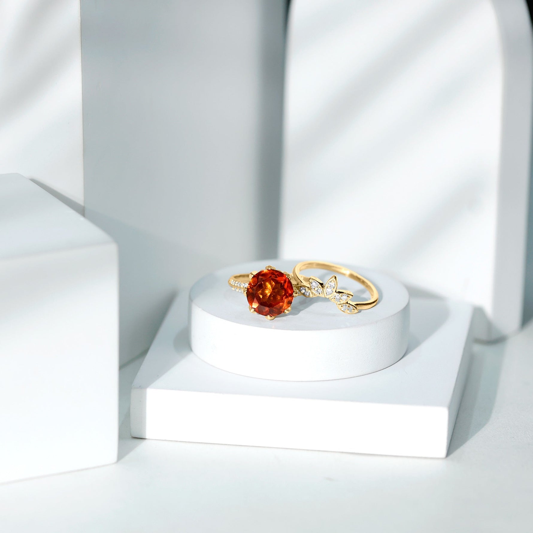 Flower Bridal Wedding Ring Set with Lab Grown Orange Sapphire and Moissanite