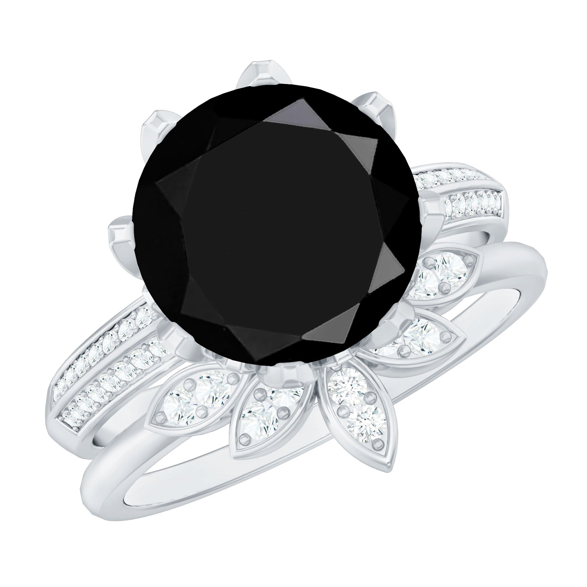 Lab Grown Black Diamond Flower Wedding Ring Set with Moissanite