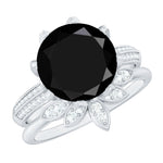 Lab Grown Black Diamond Flower Wedding Ring Set with Moissanite