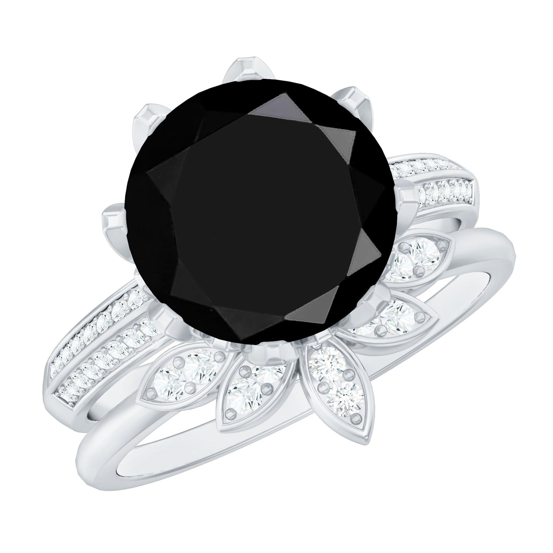 Lab Grown Black Diamond Flower Wedding Ring Set with Moissanite