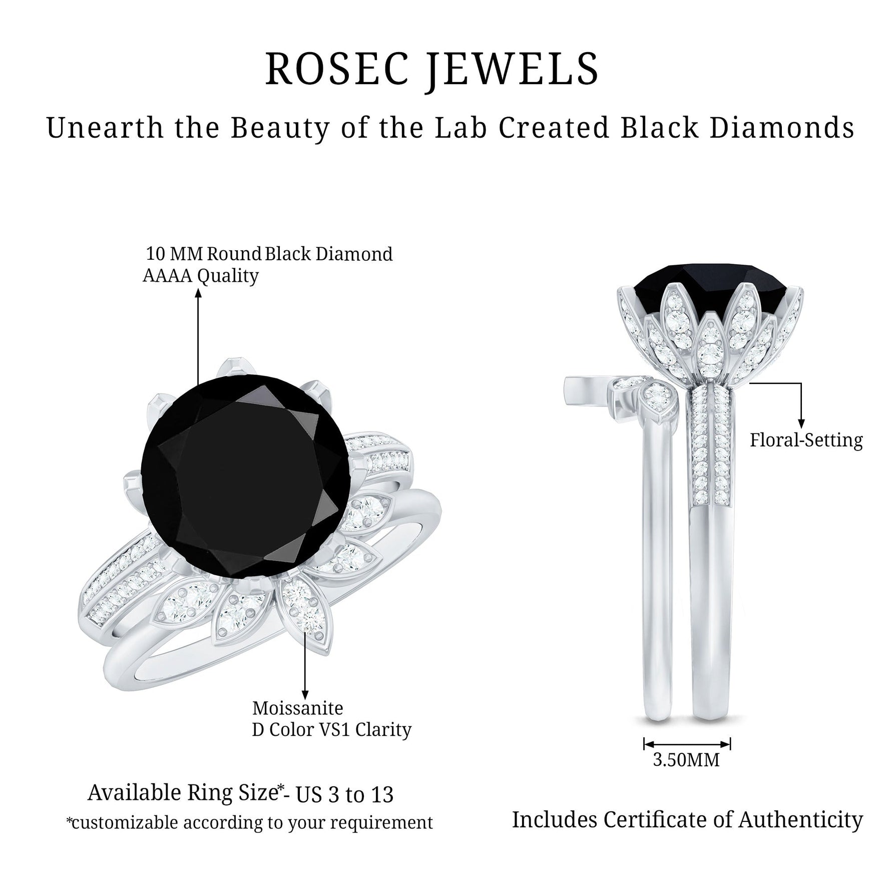 Lab Grown Black Diamond Flower Wedding Ring Set with Moissanite