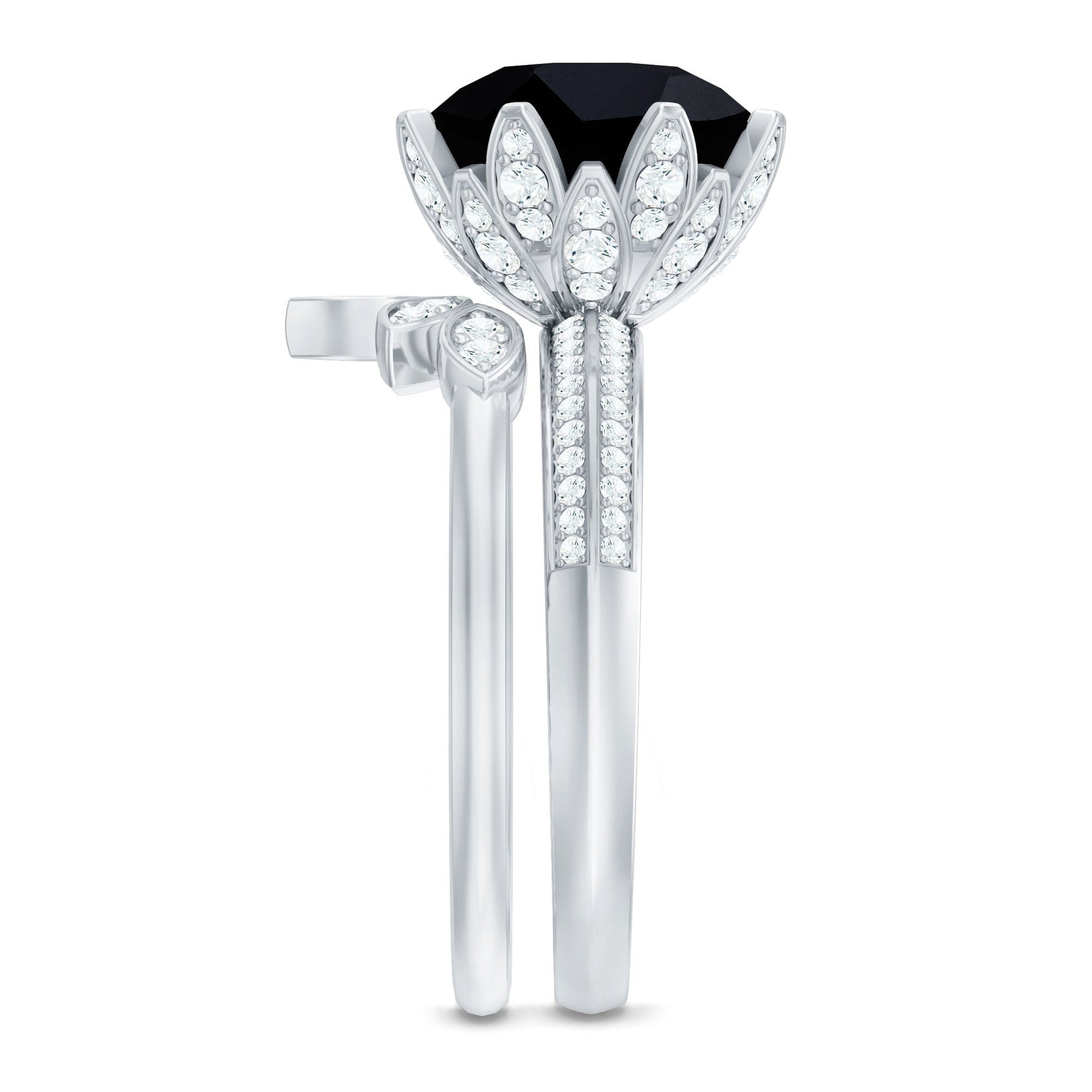 Lab Grown Black Diamond Flower Wedding Ring Set with Moissanite