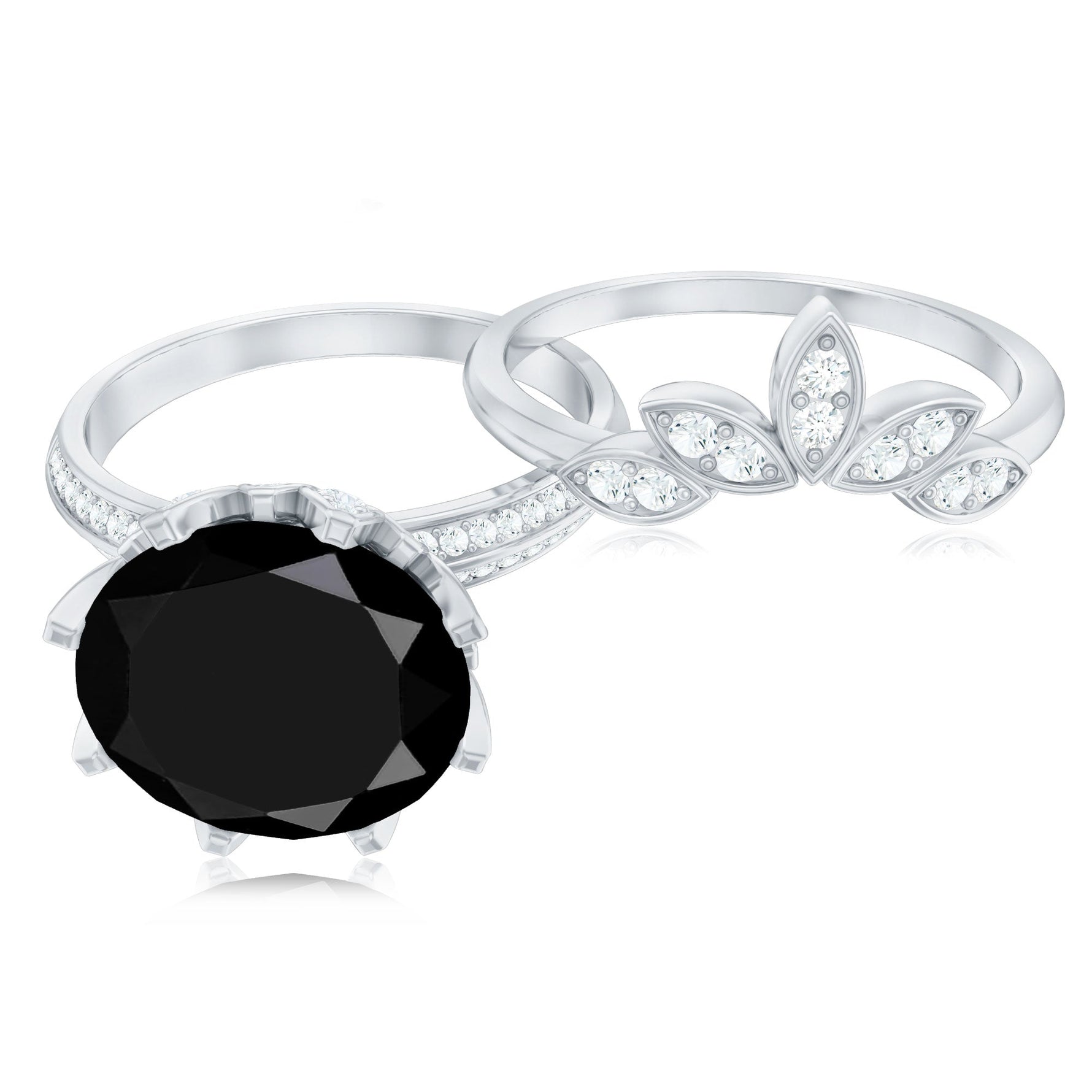 Lab Grown Black Diamond Flower Wedding Ring Set with Moissanite
