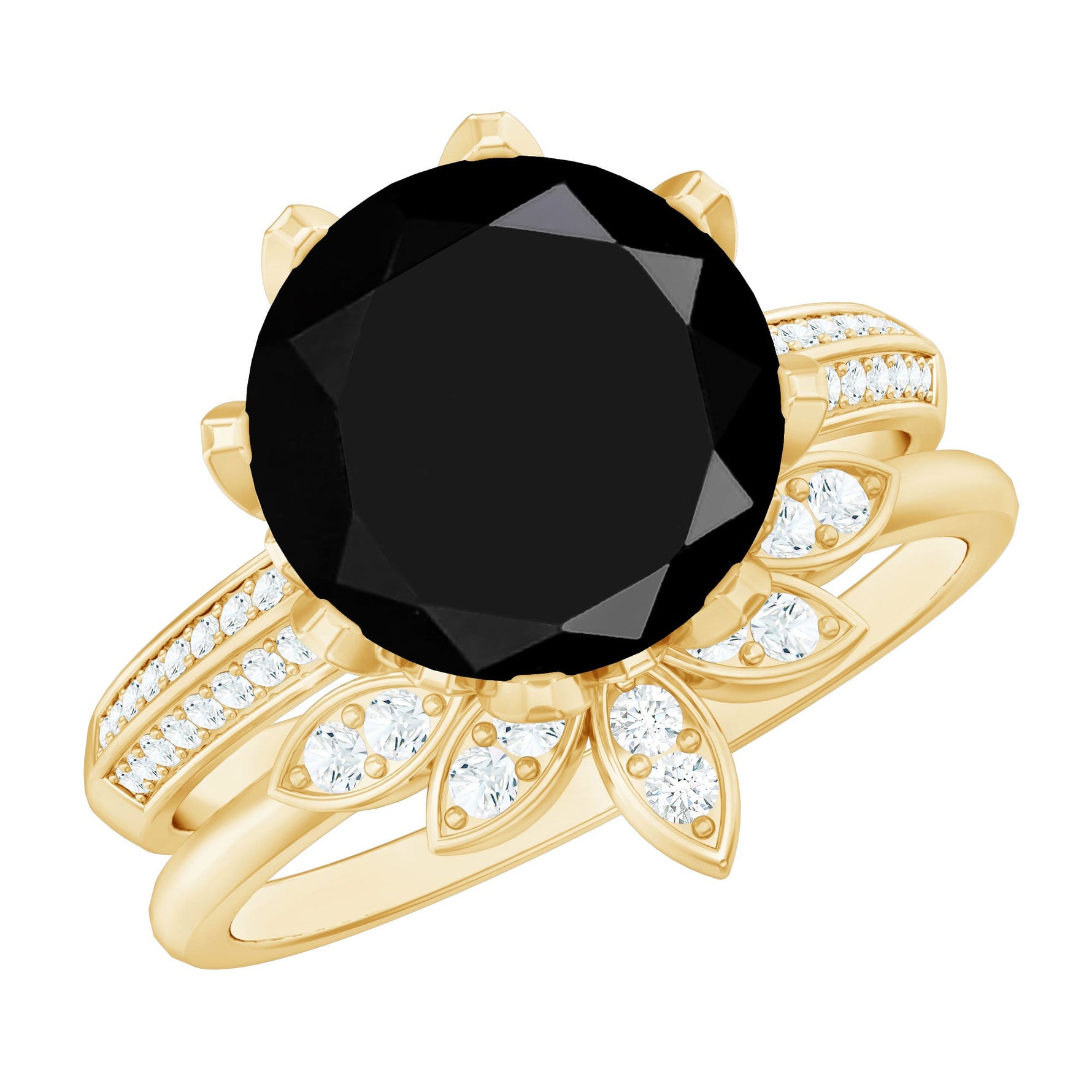 Lab Grown Black Diamond Flower Wedding Ring Set with Moissanite