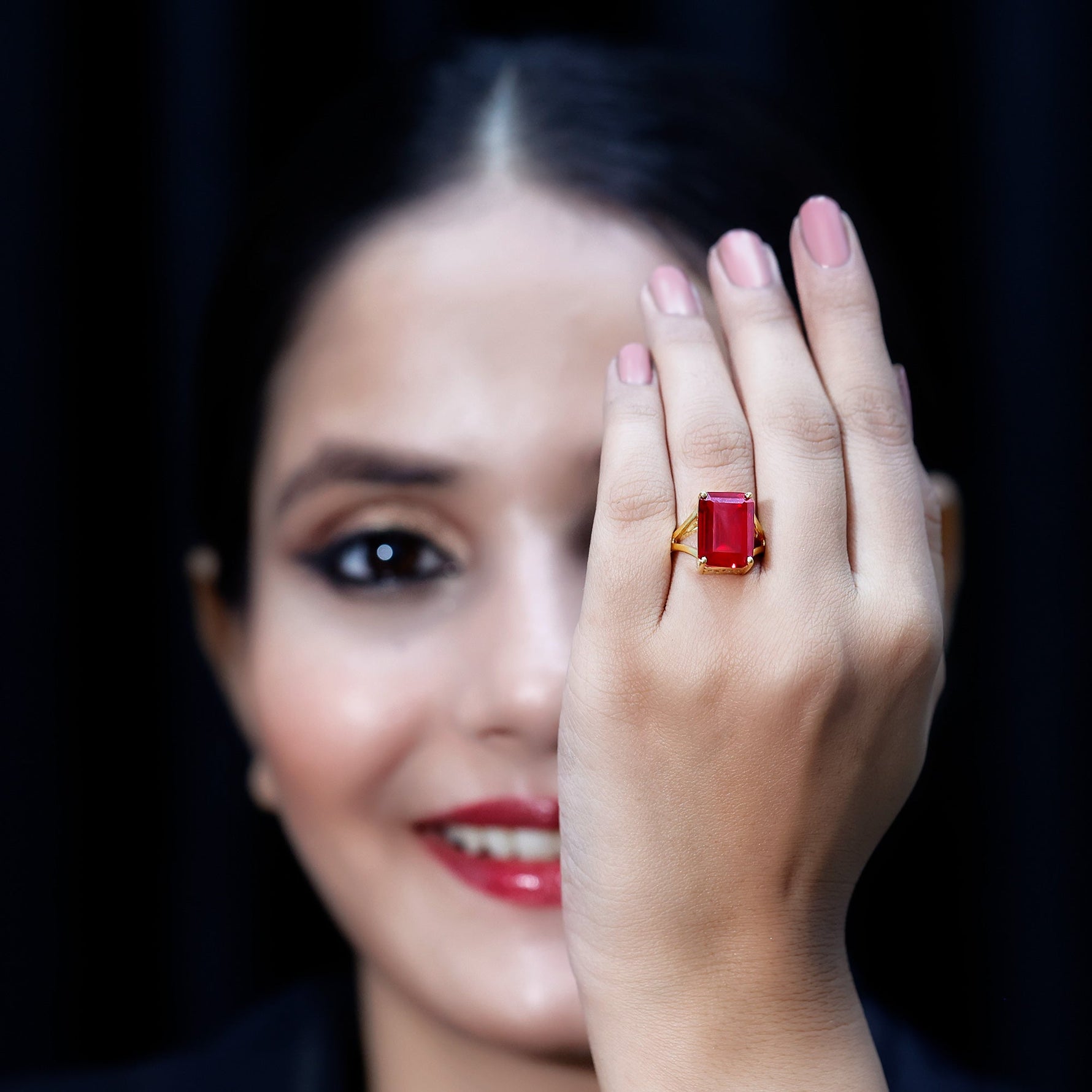 Certified Emerald Cut Lab Grown Ruby Engagement Ring with Split Shank