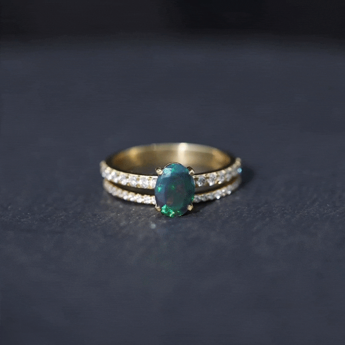 Oval Black Opal Wedding Ring Set With Diamond