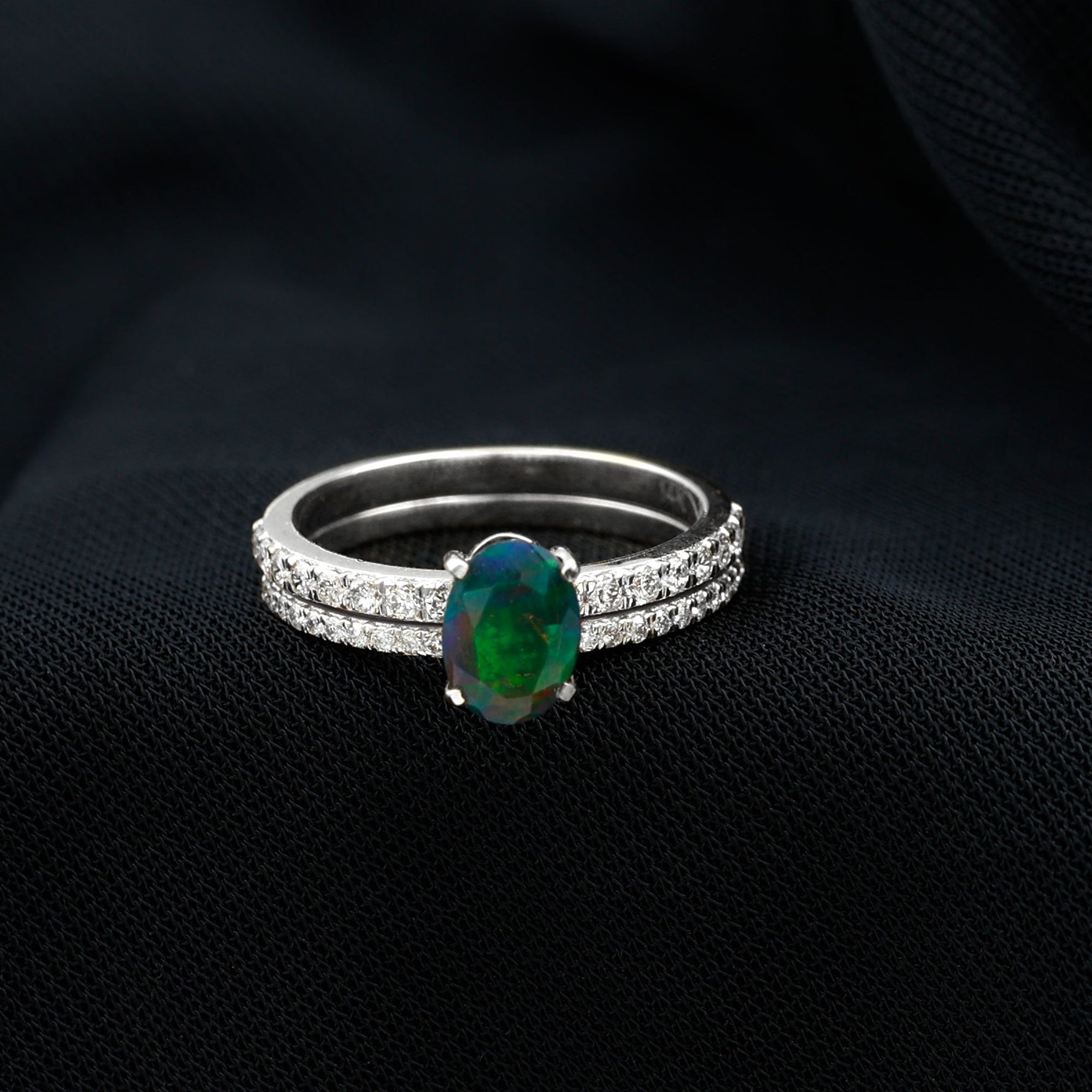 Oval Black Opal Wedding Ring Set With Diamond