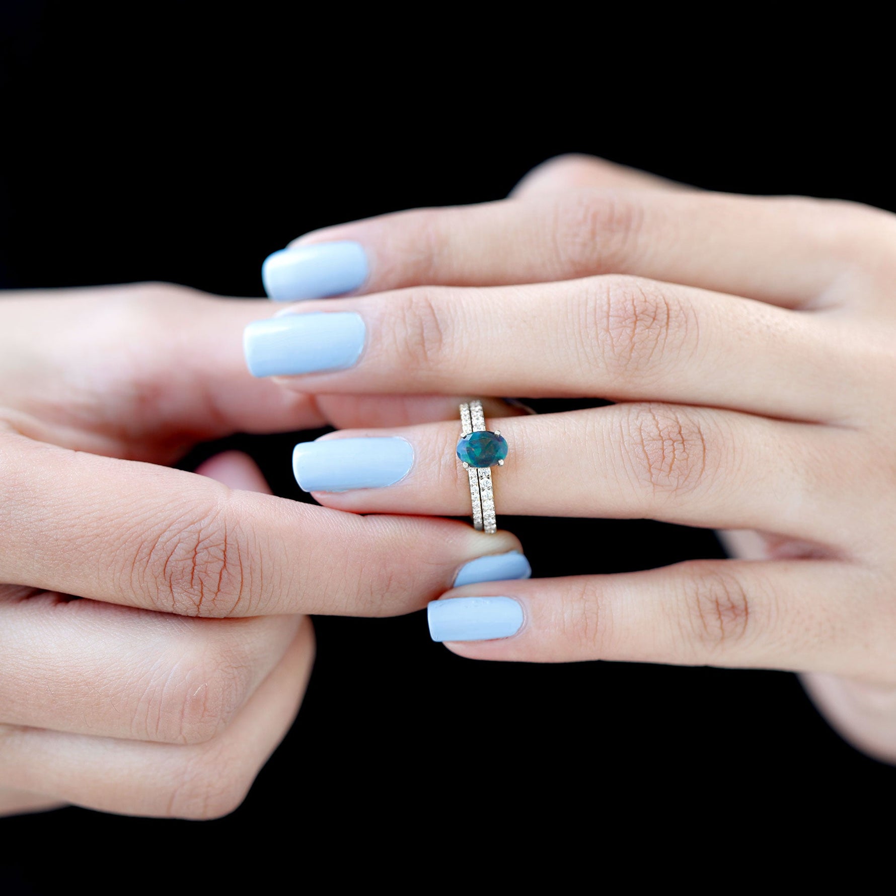 Oval Black Opal Wedding Ring Set With Diamond