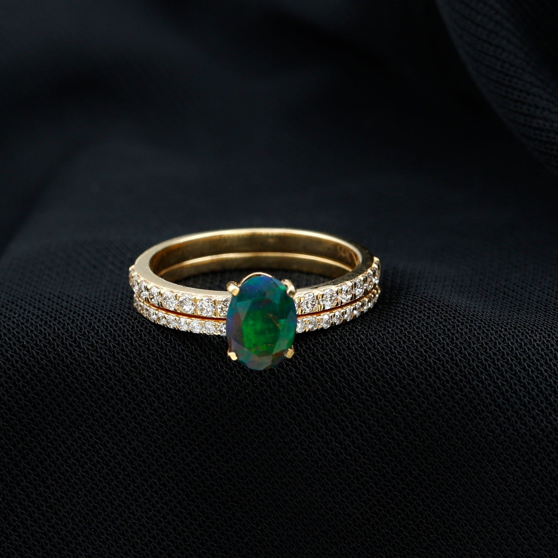 Oval Black Opal Wedding Ring Set With Diamond