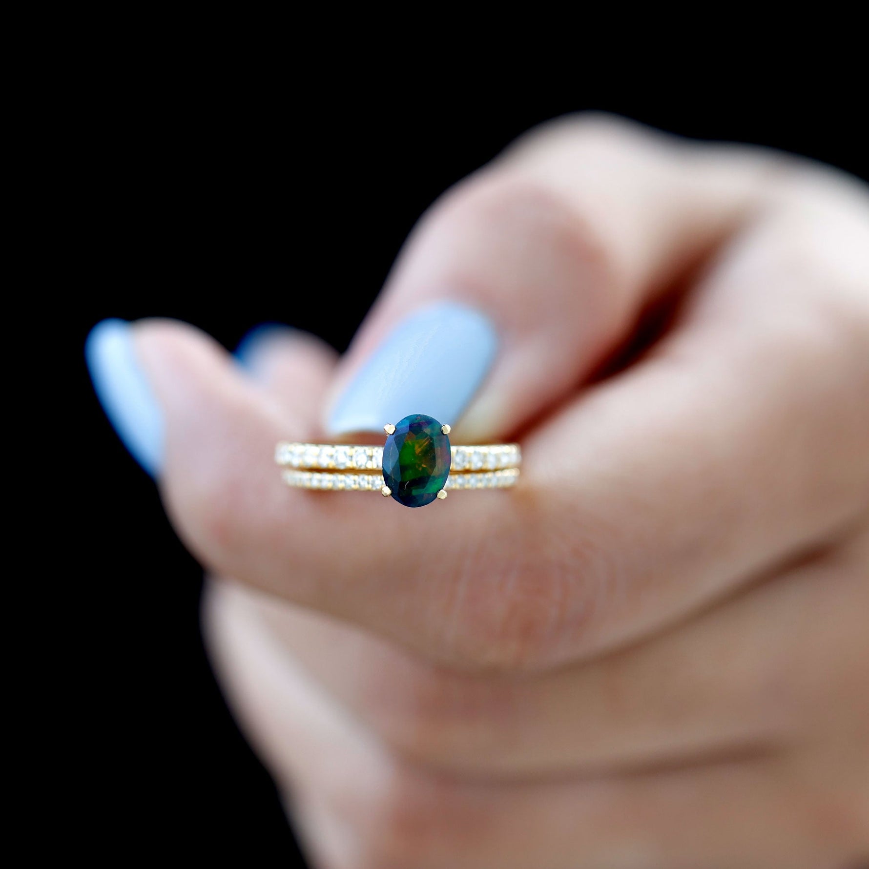 Oval Black Opal Wedding Ring Set With Diamond