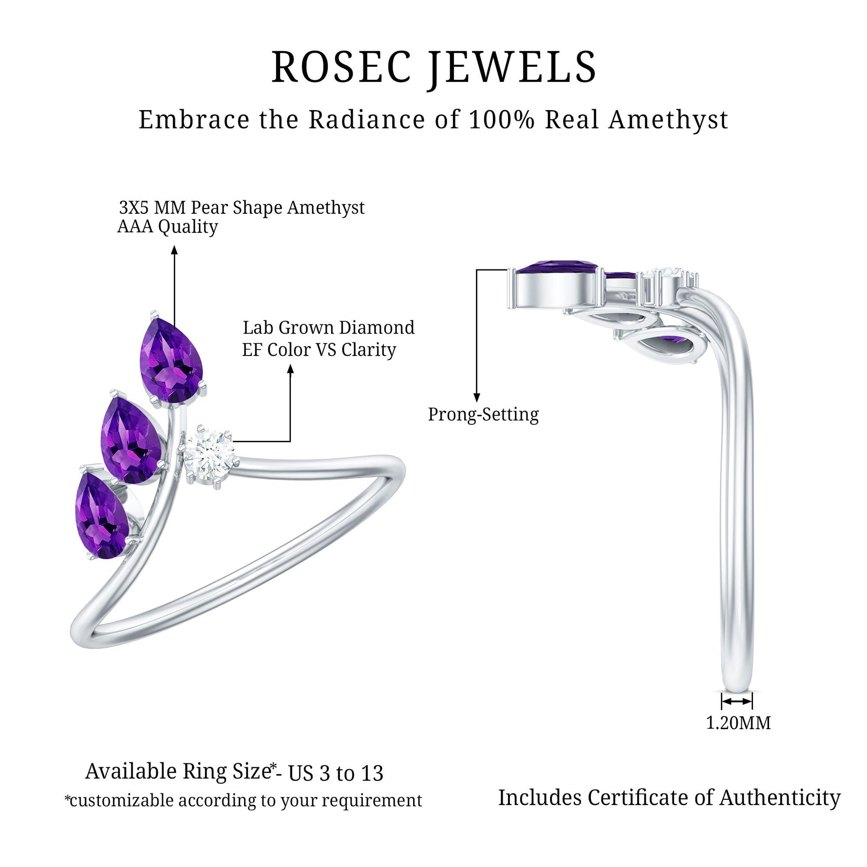 Pear Shaped Real Amethyst Ring Guard with Lab Diamond