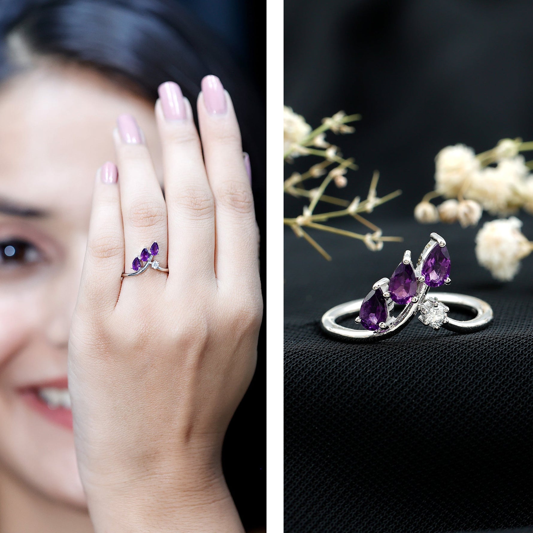 Pear Shaped Real Amethyst Ring Guard with Lab Diamond