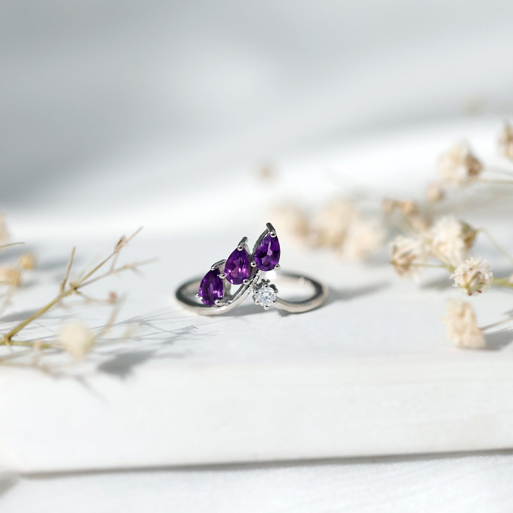 Pear Shaped Real Amethyst Ring Guard with Lab Diamond