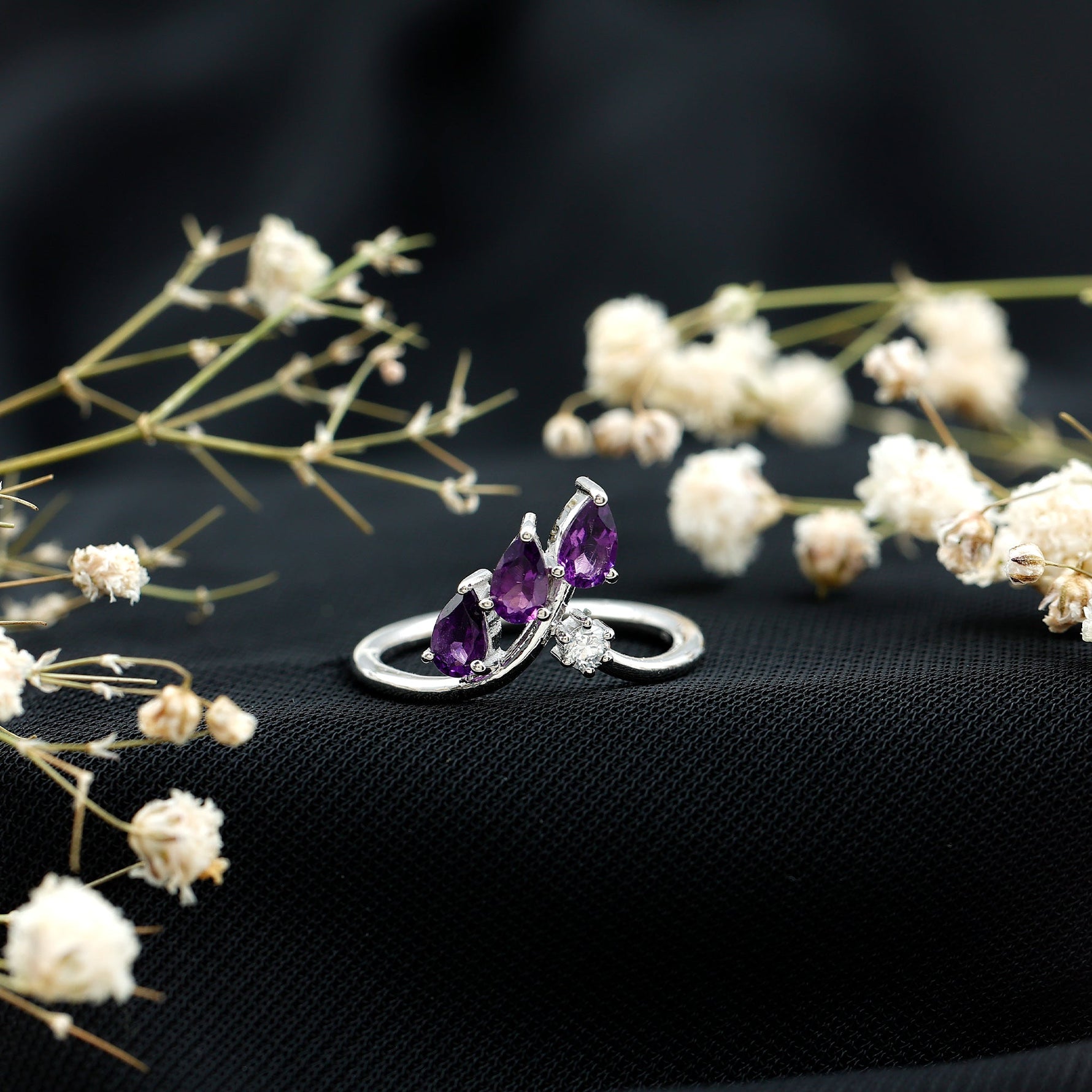 Pear Shaped Real Amethyst Ring Guard with Lab Diamond