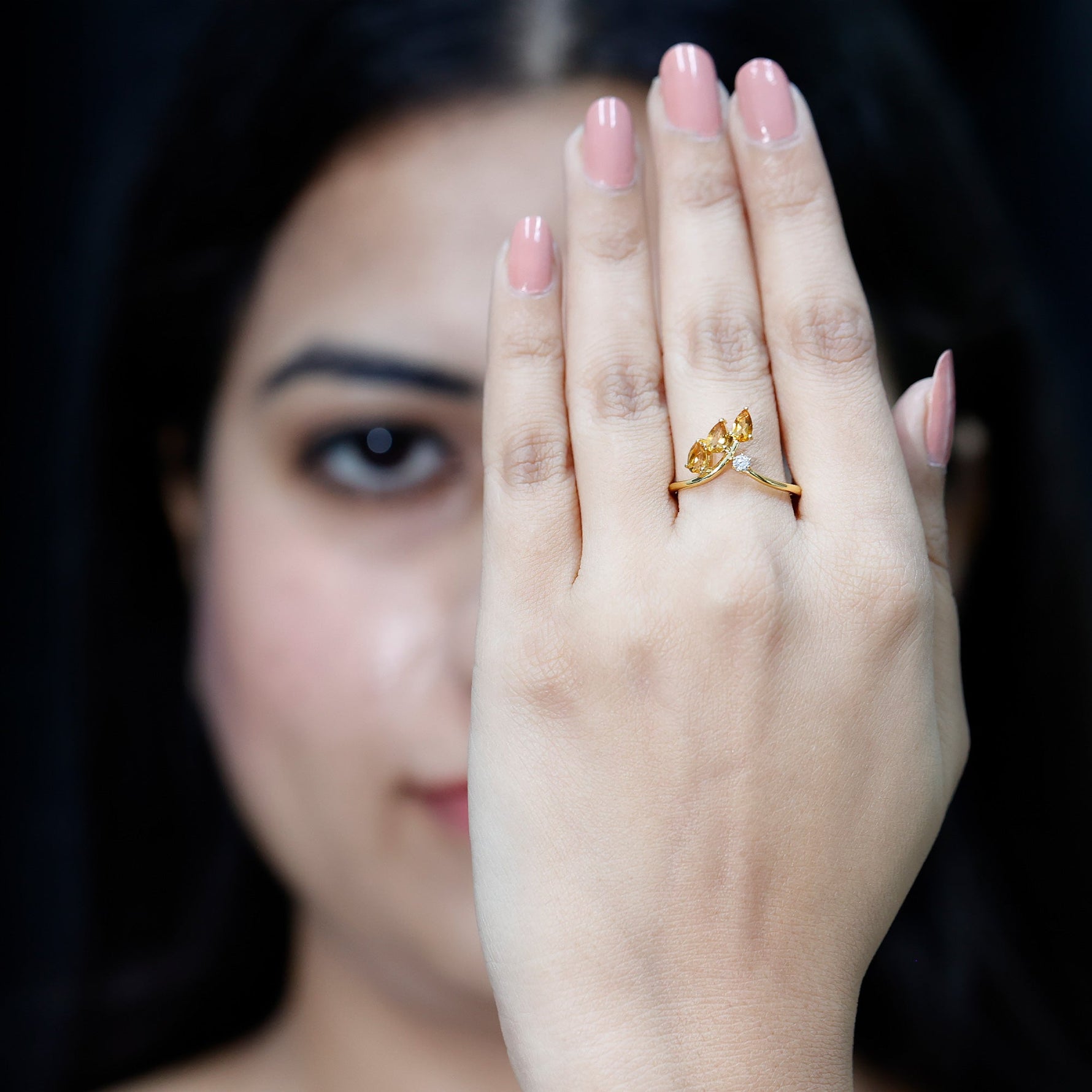 Certified Pear Shaped Citrine Ring Guard with Lab Diamond
