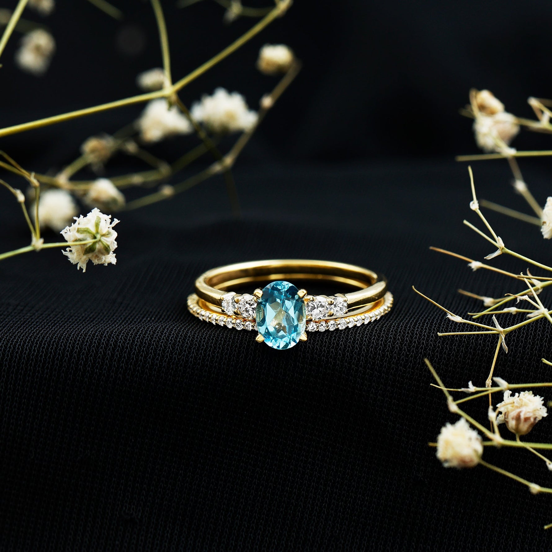 Oval Swiss Blue Topaz Diamond Wedding Ring Set in Silver