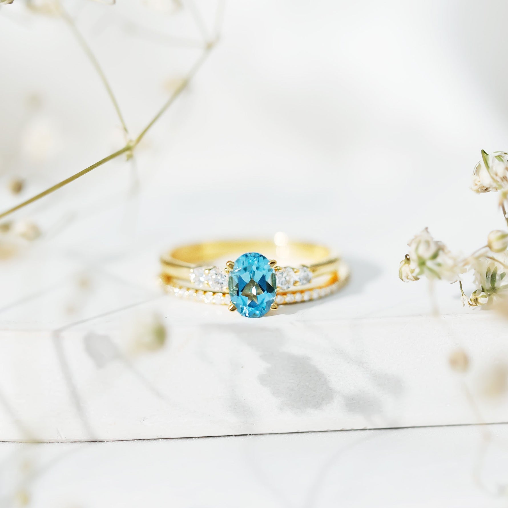 Oval Swiss Blue Topaz Diamond Wedding Ring Set in Silver