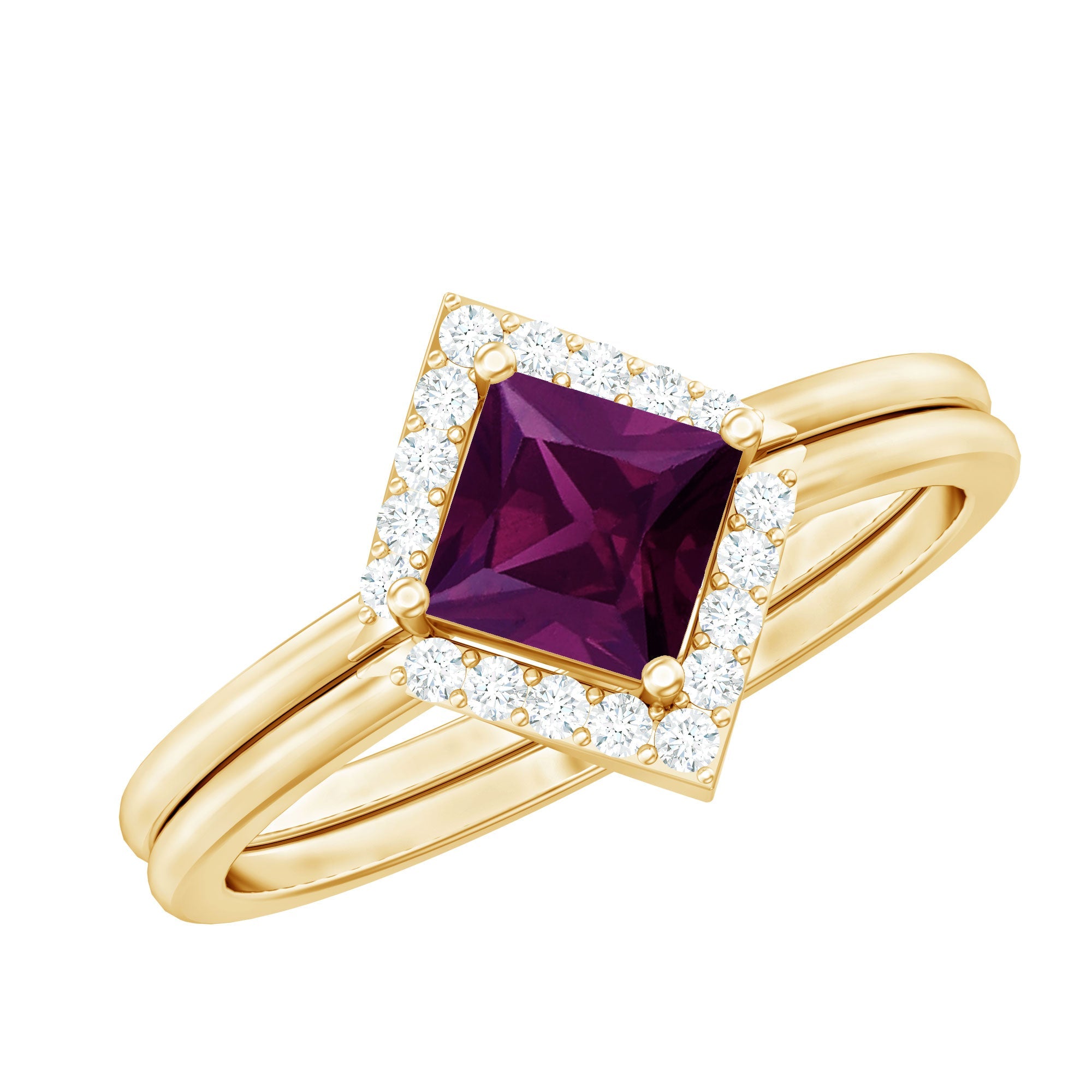 Rhodolite Garnet Princess Cut Engagement Ring with Diamond Enhancer