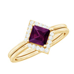 Rhodolite Garnet Princess Cut Engagement Ring with Diamond Enhancer