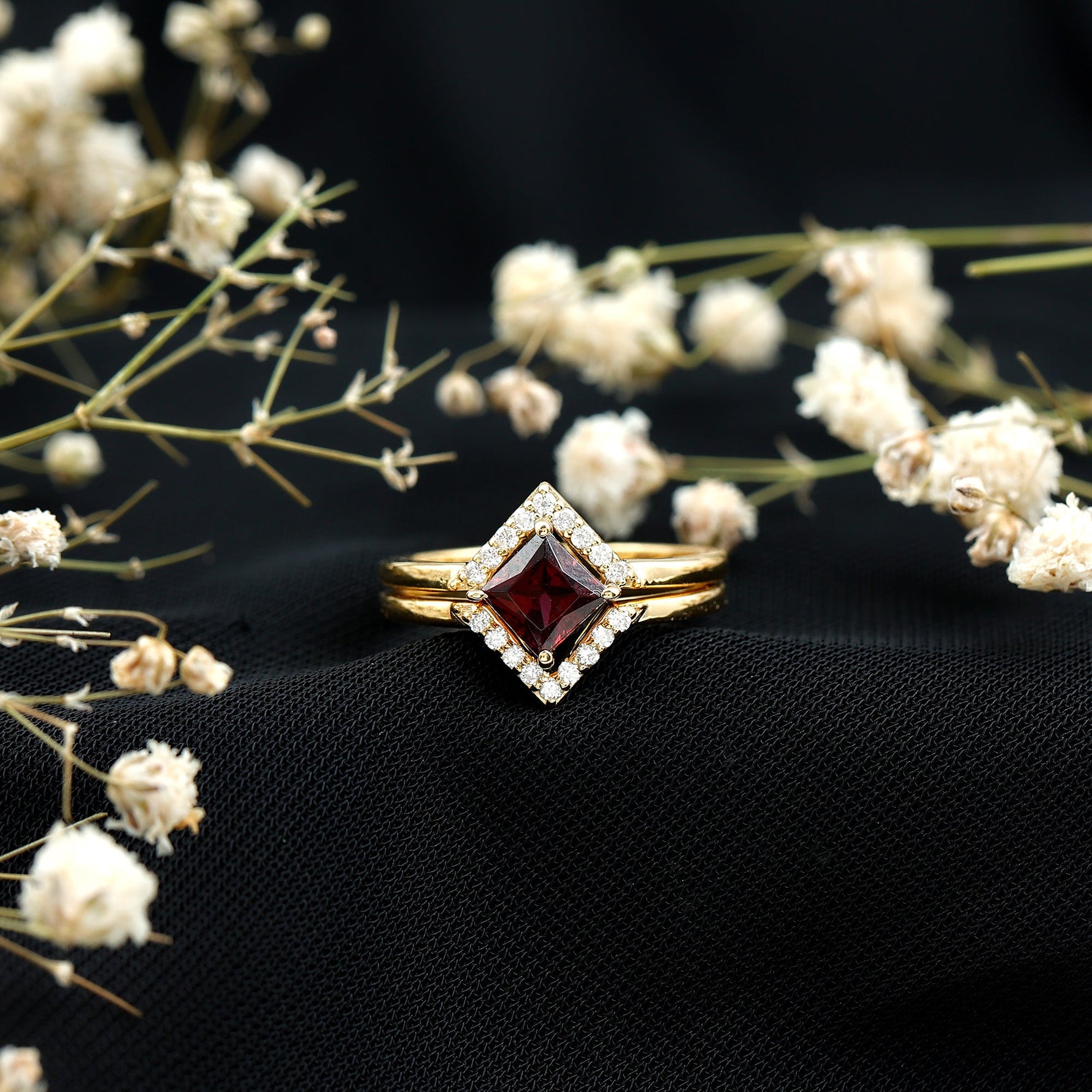 Rhodolite Garnet Princess Cut Engagement Ring with Diamond Enhancer