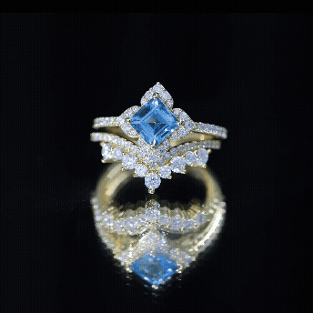 Princess Cut Swiss Blue Topaz Moissanite Floral Wedding Ring Set in Silver