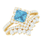 Princess Cut Swiss Blue Topaz Moissanite Floral Wedding Ring Set in Silver