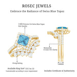 Princess Cut Swiss Blue Topaz Moissanite Floral Wedding Ring Set in Silver