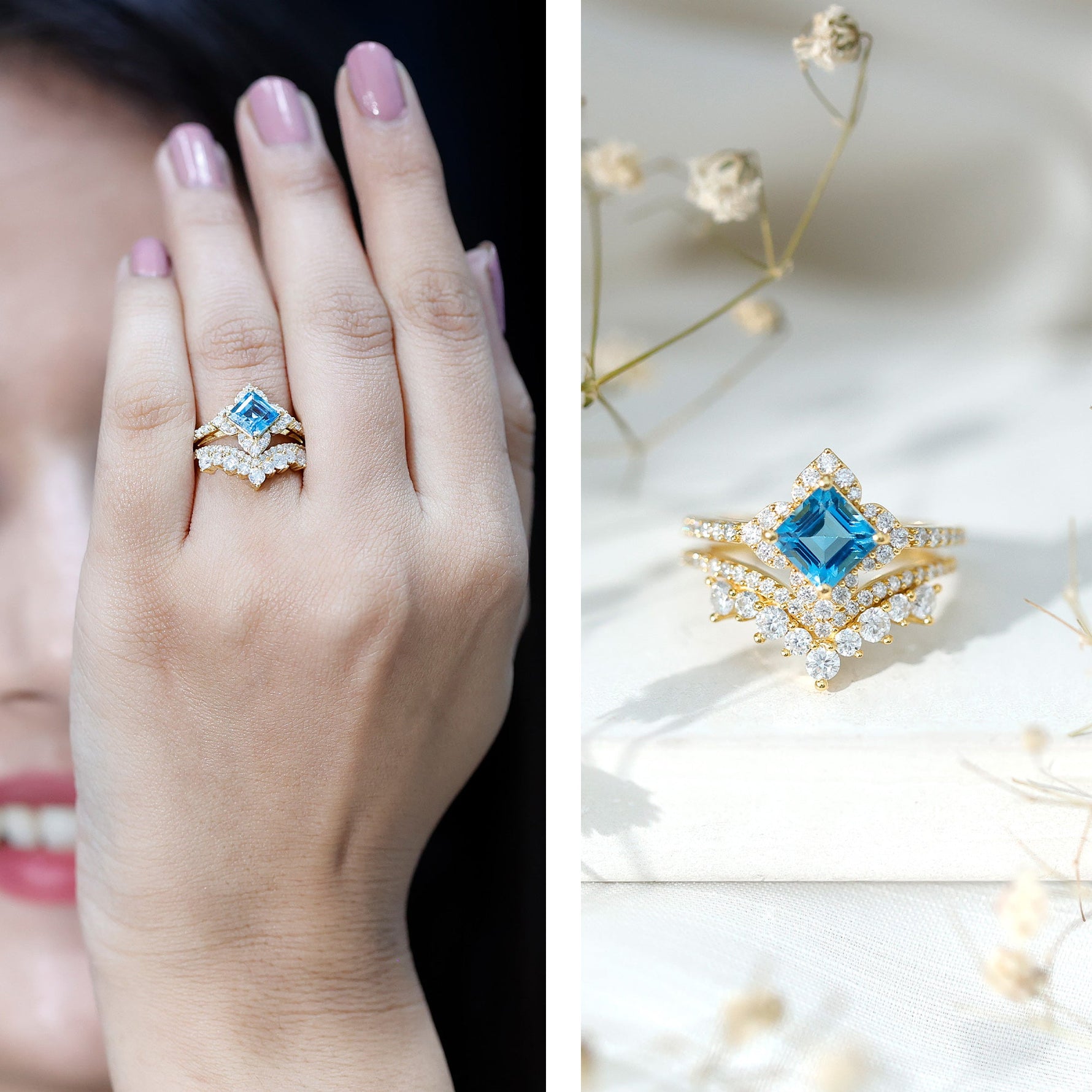 Princess Cut Swiss Blue Topaz Moissanite Floral Wedding Ring Set in Silver