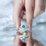 Princess Cut Swiss Blue Topaz Moissanite Floral Wedding Ring Set in Silver