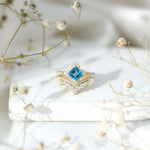 Princess Cut Swiss Blue Topaz Moissanite Floral Wedding Ring Set in Silver